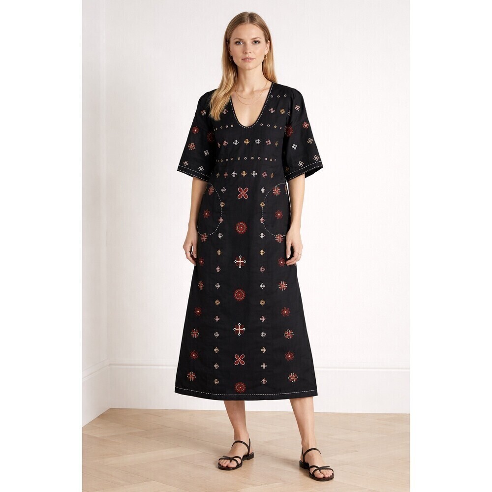Vita Kin Venezia Black Embroidered Linen Midi Dress New Size XS Vyshyvanka Folk